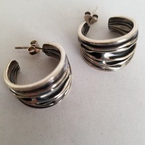 925 Sterling Silver Oxidized Handcrafted Cascading Waves Wide 3/4 Hoop Earrings